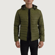 Tyler Green Hooded Puffer Kurtka Skórzana Męska in Green Full-Grain Leather - Front Profile View &amp; Tailored Silhouette | Buy Online