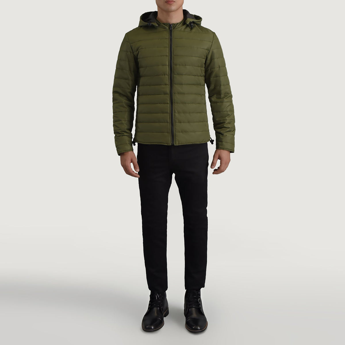 Tyler Green Hooded Puffer Kurtka Skórzana Męska - Lateral Side Profile View Showing Sleeve Cut &amp; Athletic Taper Fit