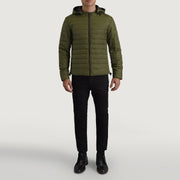 Tyler Green Hooded Puffer Kurtka Skórzana Męska - Lateral Side Profile View Showing Sleeve Cut &amp; Athletic Taper Fit