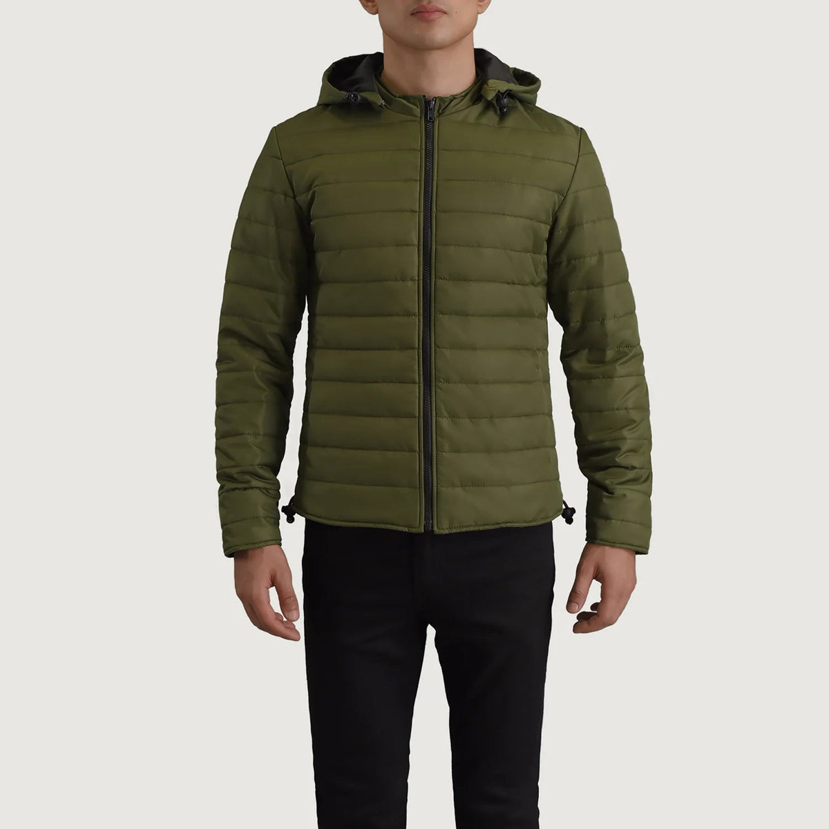 Close-Up Detail of Classic Collar &amp; Zipper Hardware on Tyler Green Hooded Puffer Kurtka Skórzana Męska