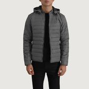 Tyler Szara Hooded Puffer Kurtka Skórzana Męska in Grey Full-Grain Leather - Front Profile View &amp; Tailored Silhouette | Buy Online