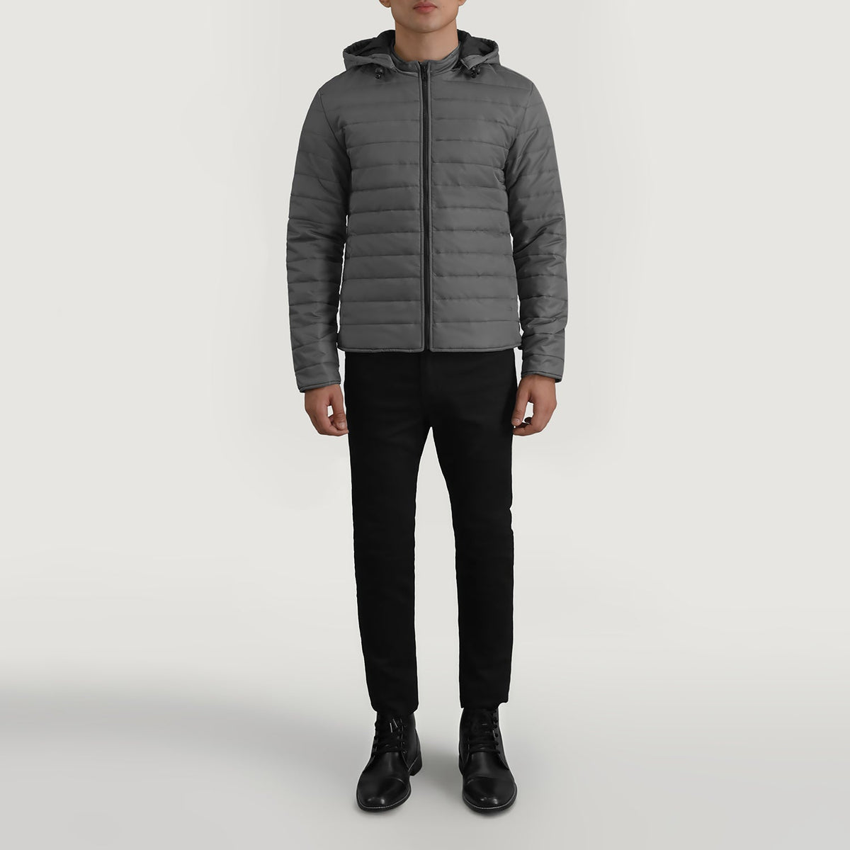 Tyler Szara Hooded Puffer Kurtka Skórzana Męska - Lateral Side Profile View Showing Sleeve Cut &amp; Athletic Taper Fit