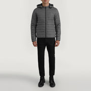 Tyler Szara Hooded Puffer Kurtka Skórzana Męska - Lateral Side Profile View Showing Sleeve Cut &amp; Athletic Taper Fit