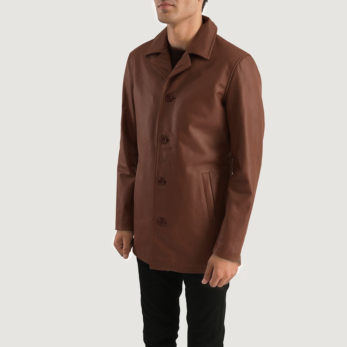 Brown Cowhide leather Coat - Back View Showing Tailored Shoulder Fit &amp; Clean Hemline