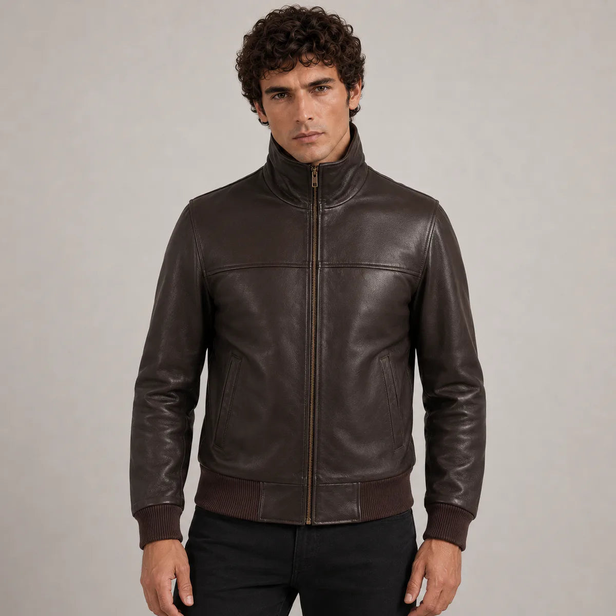 Dark Brązowa Sheepskin Skórzana Kurtka Bomberka Męska in Dark Brown Authentic Sheepskin &amp;Amp; Shearling - Front Profile View &amp; Tailored Silhouette | Buy Online