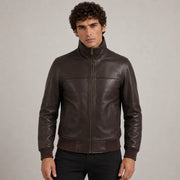 Dark Brązowa Sheepskin Skórzana Kurtka Bomberka Męska in Dark Brown Authentic Sheepskin &amp;Amp; Shearling - Front Profile View &amp; Tailored Silhouette | Buy Online