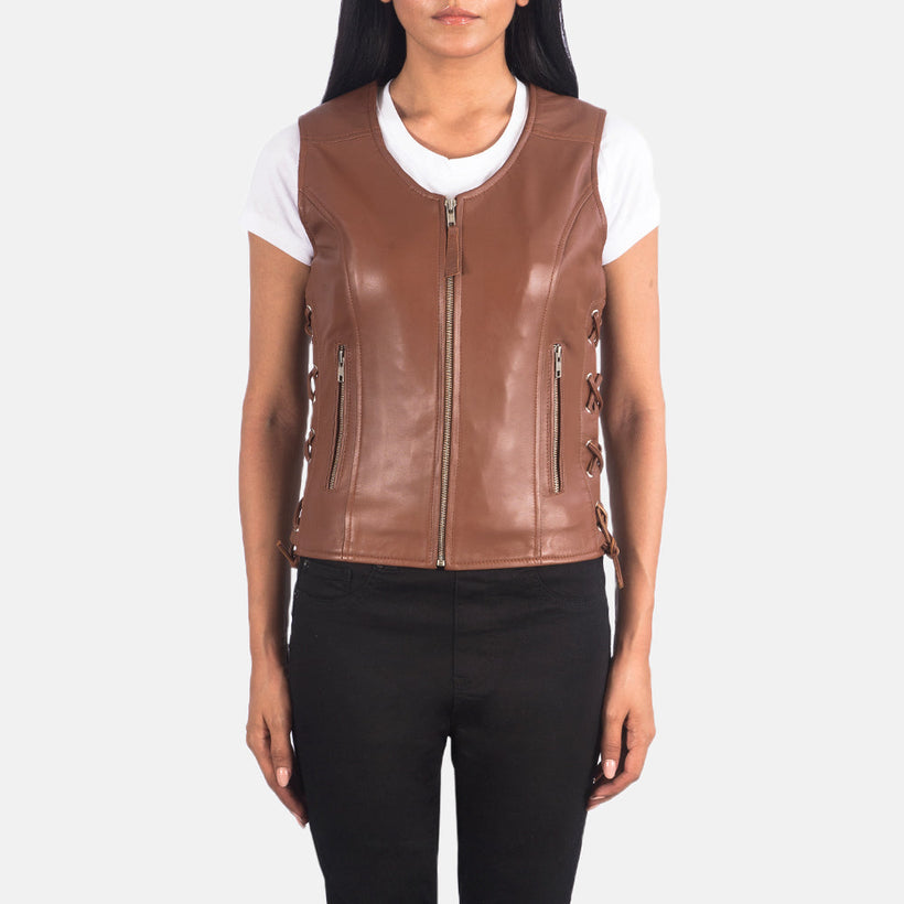 Vanda Brązowa Leather Biker Vest Damska