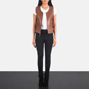Women's Vanda Brązowa Leather Biker Vest Damska - Lateral Side Profile View Showing Sleeve Cut &amp; Athletic Taper Fit