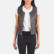 
Vanda Distressed Brązowy Leather Biker Vest Damska - Widok z przodu i dopasowana sylwetka | Kup online w oficjalnym sklepie