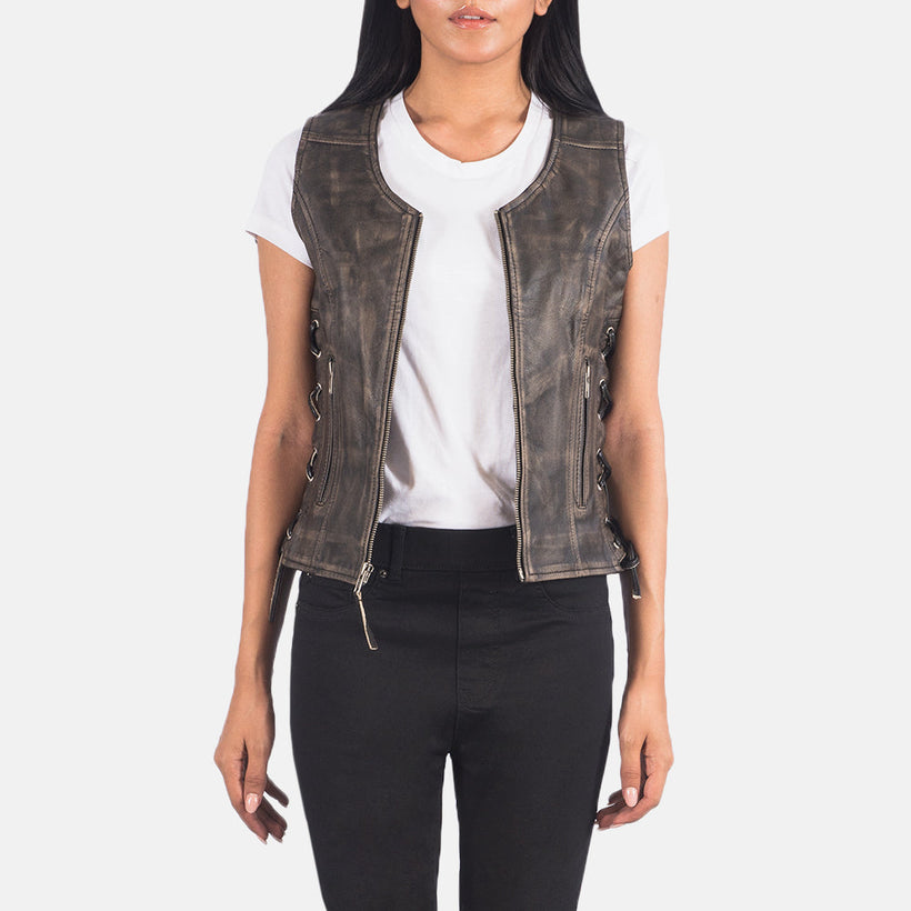 Vanda Distressed Brązowa Leather Biker Vest Damska