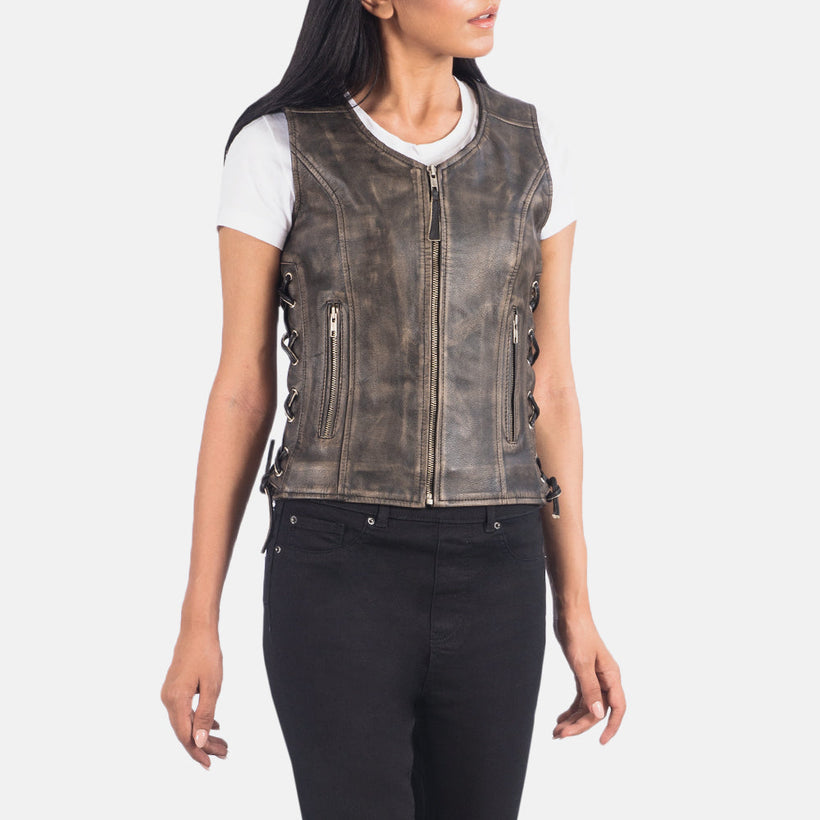Vanda Distressed Brązowa Leather Biker Vest Damska
