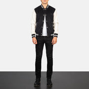 Men's Vaxton Czarna &amp; White Hybrid Varsity Kurtka Skórzana Męska - Lateral Side Profile View Showing Sleeve Cut &amp; Athletic Taper Fit