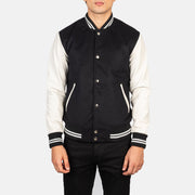 Close-Up Detail of Varsity &amp; Snap Buttons Hardware on Men's Vaxton Czarna &amp; White Hybrid Varsity Kurtka Skórzana Męska