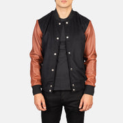 Men's Vaxton Brown Hybrid Varsity Jacket in Black &amp; Brown Sheepskin Leather - Front Profile View &amp; Tailored Silhouette | Buy Online