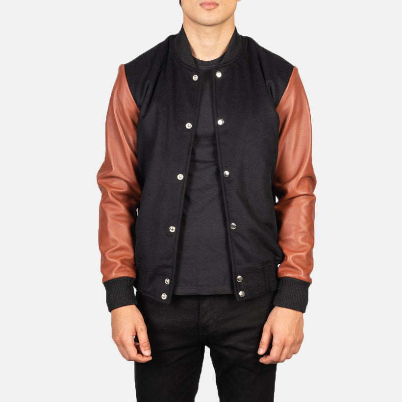 Vaxton Brązowa & Czarna Hybrid Varsity Kurtka Skórzana Męska