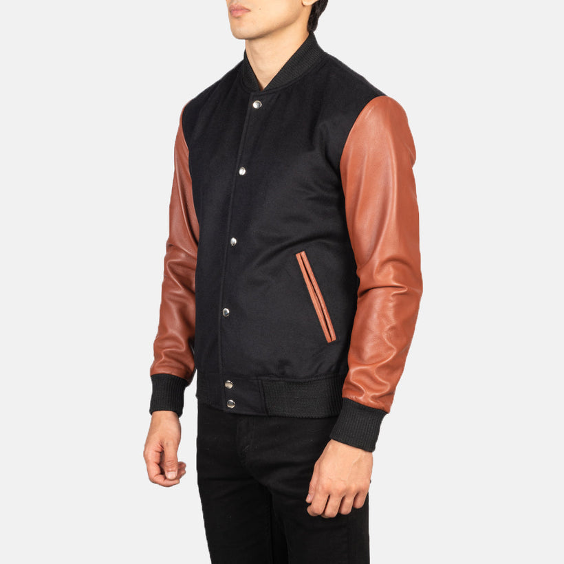 Vaxton Brązowa & Czarna Hybrid Varsity Kurtka Skórzana Męska