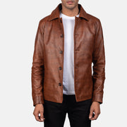 Waffle Brązowa Kurtka Skórzana Męska in Distressed Brown Sheepskin Burnishing - Front Profile View &amp; Tailored Silhouette | Buy Online