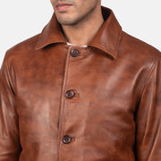 Waffle Brązowa Kurtka Skórzana Męska - Lateral Side Profile View Showing Sleeve Cut &amp; Athletic Taper Fit