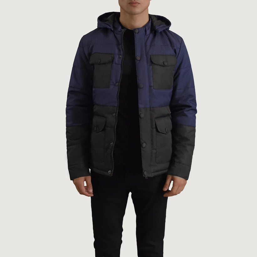 Wayne Czarny & Niebieski Hooded Puffer Kurtka Skórzana Męska