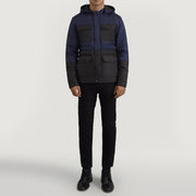 
Wayne Czarny & Niebieski Hooded Puffer Kurtka Skórzana Męska - Widok z boku z ergonomicznym krojem rękawa