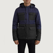
Szczegółowe zbliżenie of Classic Collar & Heavy-Duty Zipper Hardware on Wayne Czarny & Niebieski Hooded Puffer Kurtka Skórzana Męska