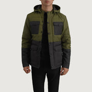 
Wayne Czarny & Oliwkowy Hooded Puffer Kurtka Skórzana Męska in Black + Green Full-Grain Leather - Widok z przodu i dopasowana sylwetka | Kup online w oficjalnym sklepie