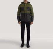
Wayne Czarny & Oliwkowy Hooded Puffer Kurtka Skórzana Męska - Widok z boku z ergonomicznym krojem rękawa