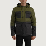 
Szczegółowe zbliżenie of Classic Collar & Heavy-Duty Zipper Hardware on Wayne Czarny & Oliwkowy Hooded Puffer Kurtka Skórzana Męska