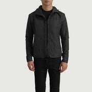 
Wesley Czarny Hooded Windbreaker Kurtka Skórzana Męska z czarnej prawdziwej skóry bydlęcej - Widok z przodu i dopasowana sylwetka | Kup online w oficjalnym sklepie