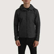 
Szczegółowe zbliżenie of Classic Collar & Zipper With Inside Wind Flap. Hardware on Wesley Czarny Hooded Windbreaker Kurtka Skórzana Męska