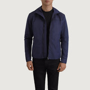 
Wesley Niebieski Hooded Windbreaker Kurtka Skórzana Męska in Blue Full-Grain Leather - Widok z przodu i dopasowana sylwetka | Kup online w oficjalnym sklepie