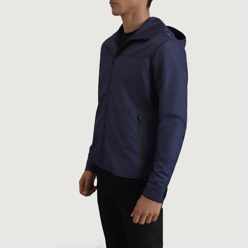 Wesley Niebieski Hooded Windbreaker Kurtka Skórzana Męska