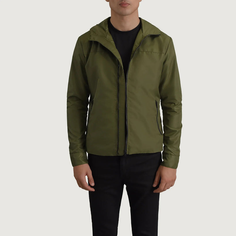 Wesley Oliwkowy Hooded Windbreaker Kurtka Skórzana Męska