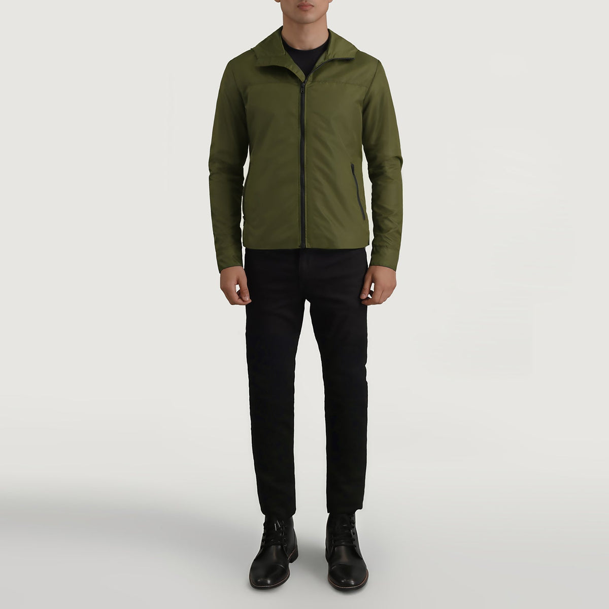 
Wesley Oliwkowy Hooded Windbreaker Kurtka Skórzana Męska - Widok z boku z ergonomicznym krojem rękawa