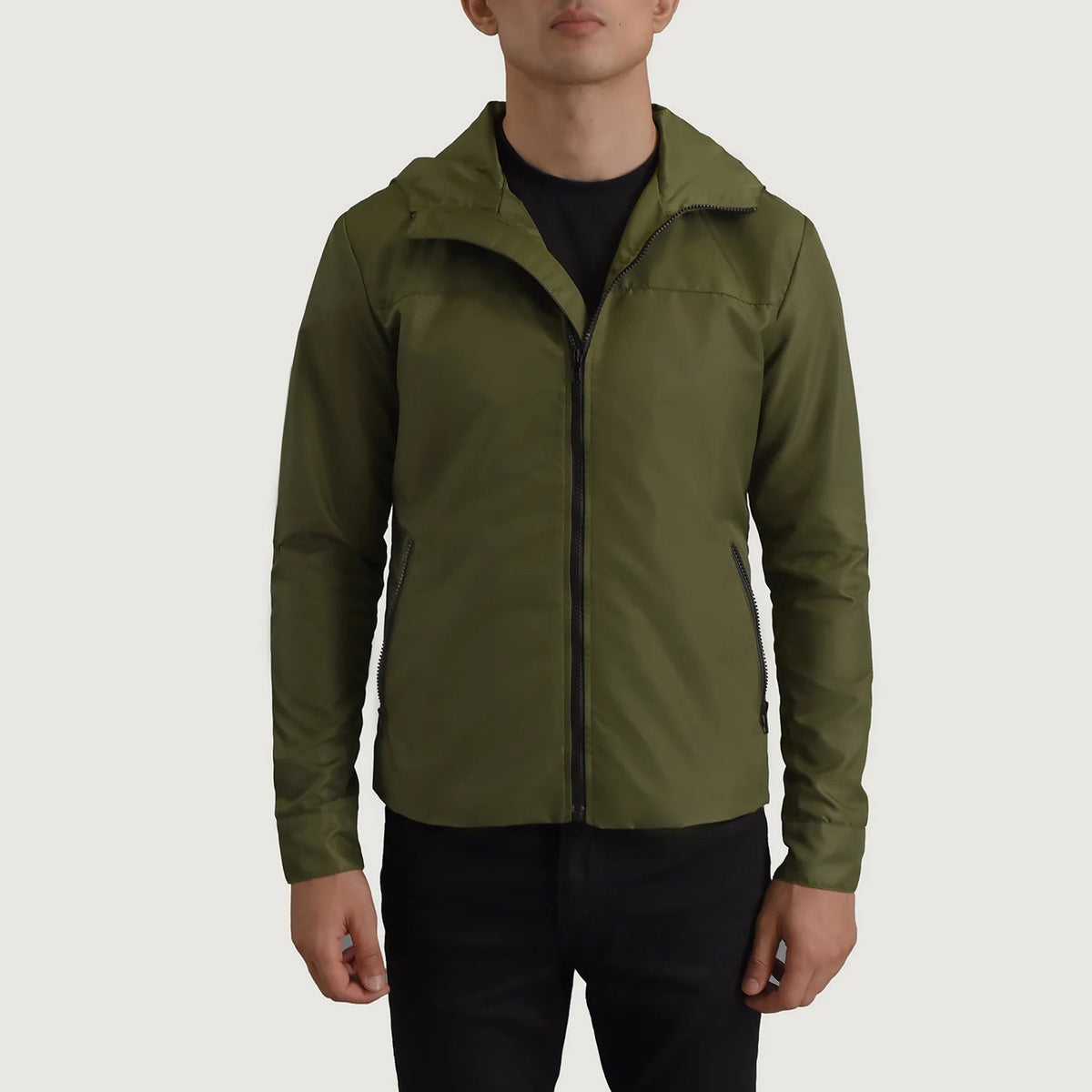 
Szczegółowe zbliżenie of Classic Collar & Zipper With Inside Wind Flap. Hardware on Wesley Oliwkowy Hooded Windbreaker Kurtka Skórzana Męska