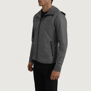 
Grey Full-Grain Leather Hooded Jacket - Widok z tyłu z dopasowanymi ramionami i czystym dołem