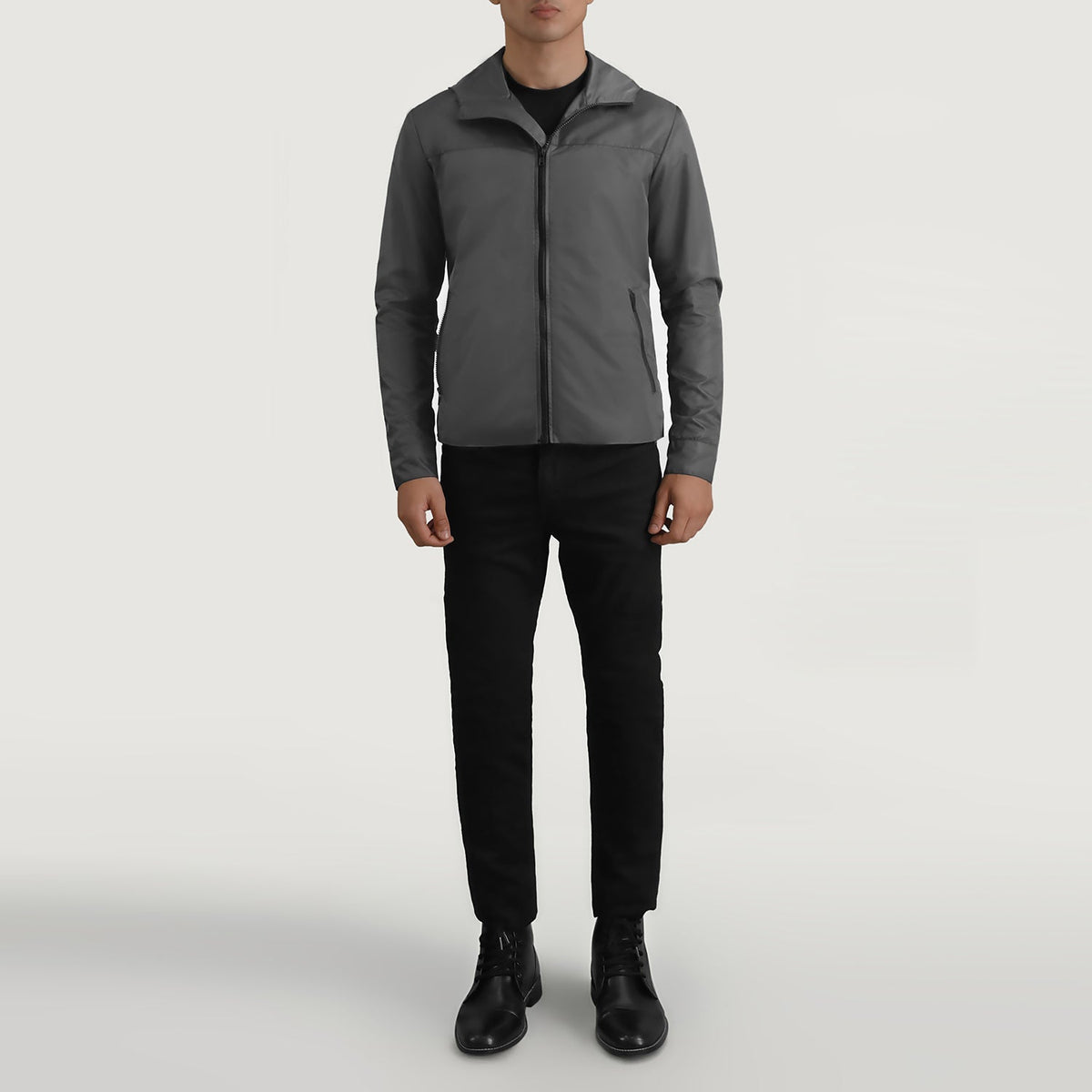 
Wesley Grey Hooded Windbreaker Kurtka Skórzana Męska - Widok z boku z ergonomicznym krojem rękawa