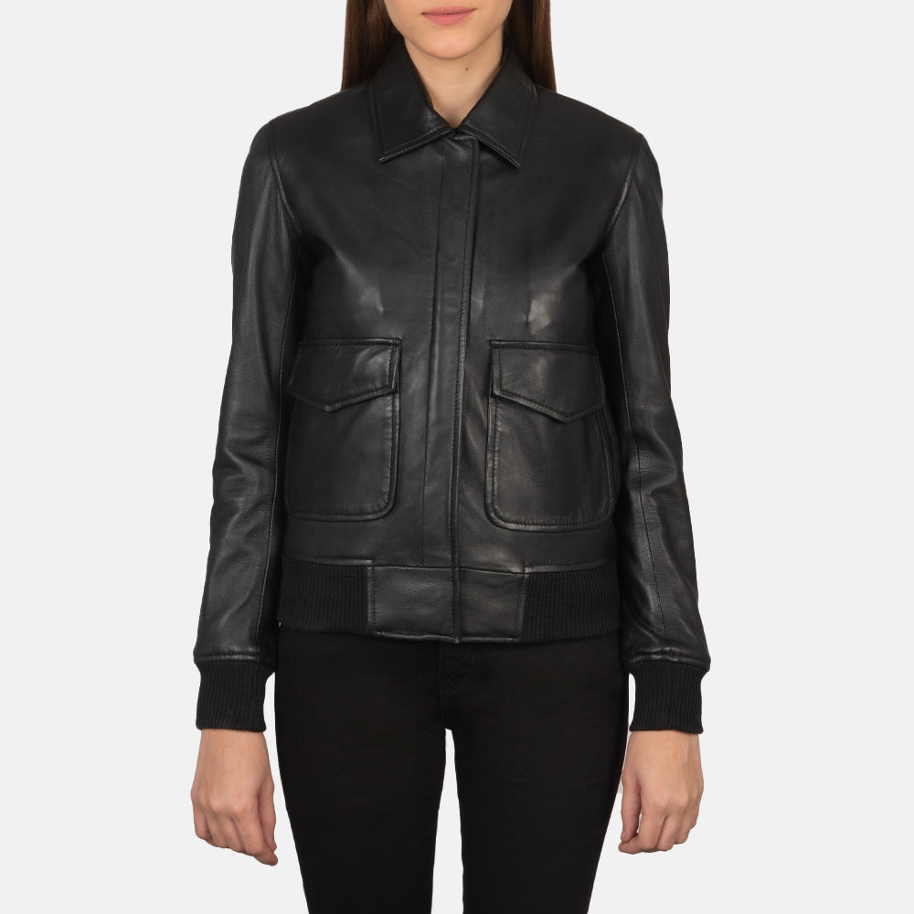 
Szczegółowe zbliżenie of Shirt & Zipper with Button Flap Hardware on Westa A-2 Black Leather Bomber Jacket