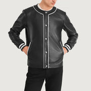 Close-Up Detail of Collarless &amp; Snap Button Buttons Hardware on Willis Black Leather Varsity Jacket
