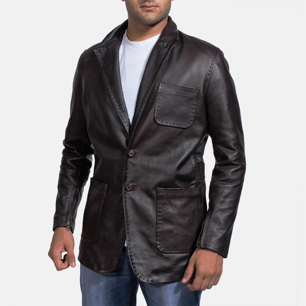 Men's Wine Czarna Skórzana Marynarka Męska in Dark Brown Cow Hide Leather - Front Profile View &amp; Tailored Silhouette | Buy Online