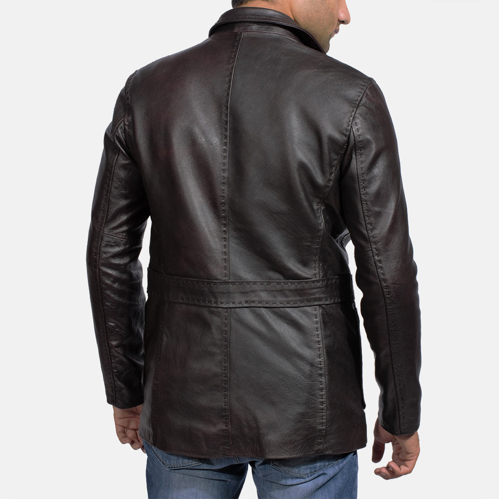 Men's Wine Czarna Skórzana Marynarka Męska - Lateral Side Profile View Showing Sleeve Cut &amp; Athletic Taper Fit