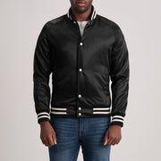 Xander Czarna Varsity Kurtka Skórzana Męska in Black Satin - Front Profile View &amp; Tailored Silhouette | Buy Online