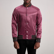 Xander Maroon Varsity Kurtka Skórzana Męska in Maroon Satin - Front Profile View &amp; Tailored Silhouette | Buy Online