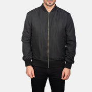 Close-Up Detail of Varsity &amp; Zipper Hardware on Men's Zack Black Bomber Jacket