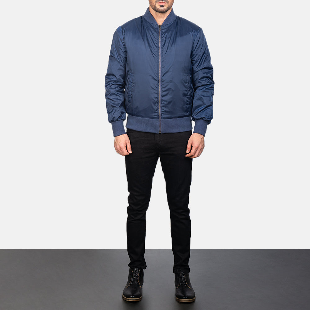 Men's Zack Blue Skórzana Kurtka Bomberka Męska - Lateral Side Profile View Showing Sleeve Cut &amp; Athletic Taper Fit