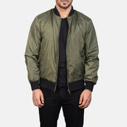 Men's Zack Green Skórzana Kurtka Bomberka Męska in Green Nylon - Front Profile View &amp; Tailored Silhouette | Buy Online