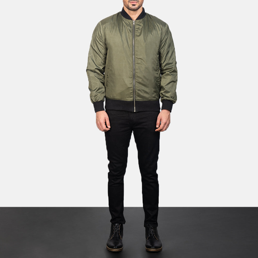 Men's Zack Green Skórzana Kurtka Bomberka Męska - Lateral Side Profile View Showing Sleeve Cut &amp; Athletic Taper Fit