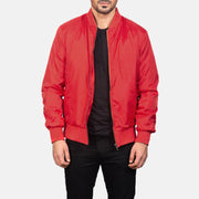 Men's Zack Red Skórzana Kurtka Bomberka Męska in Red Nylon - Front Profile View &amp; Tailored Silhouette | Buy Online