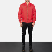 Men's Zack Red Skórzana Kurtka Bomberka Męska - Lateral Side Profile View Showing Sleeve Cut &amp; Athletic Taper Fit