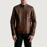 Zen Distressed Brązowa Skórzana Ramoneska Męska - Lateral Side Profile View Showing Sleeve Cut &amp; Athletic Taper Fit